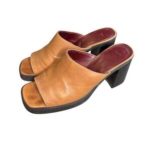 Tommy Hilfiger Tan Brown Leather Slide On Chunky Sandals Size 7.5 Y2K